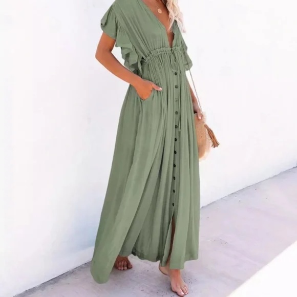 SOLD OUT Sage Green Gauze Boho Button Maxi Dress - Picture 3 of 4